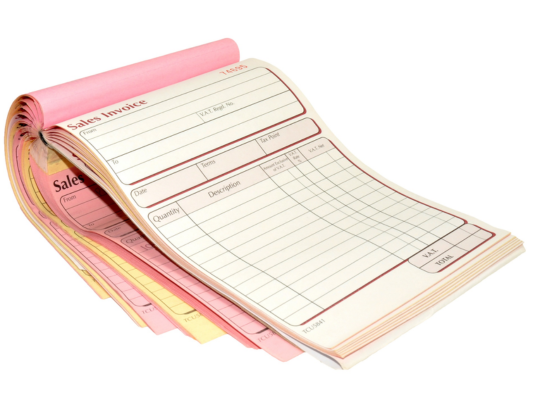 Customized carbonless bill book printing service company produced pink and yellow receipt stack.