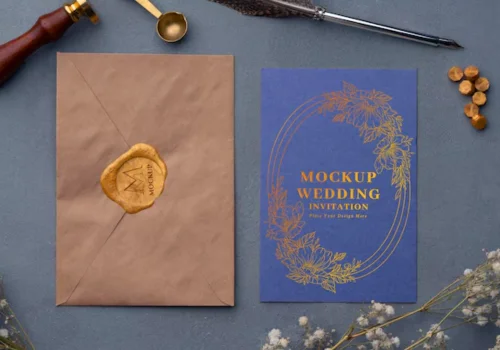 A beautiful wedding invitation card envelope mockup with attractive text against a white background.
